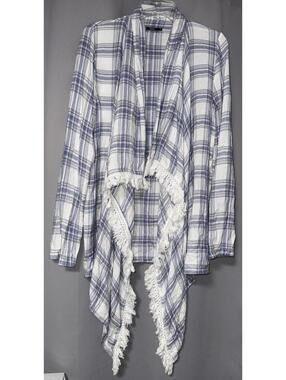 Silver Jeans Plaid Open Front Cardigan with Fringe Detail